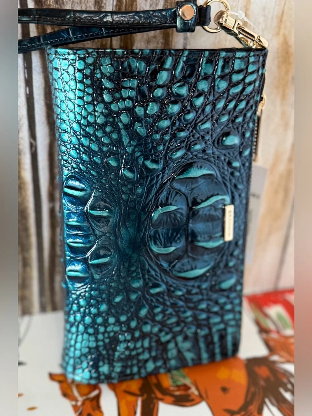 PERFECT EYE Brahmin DAISY Leather Wristlet Clutch BLUE PATINA assorted blue